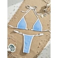 Blue Two-Piece Bikini Set With Ribbed Fabric, White Trim, And Pearl ...