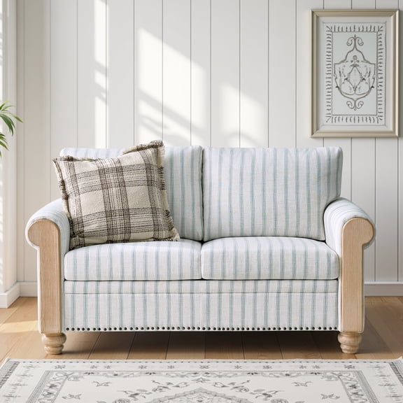 Blue Two-Seater Farmhouse Sofa with Rolled Wide Arms,Solid Wood Accents For Cozy Living Room, Family Room, Reading Nook and Farmhouse Decor BLUE