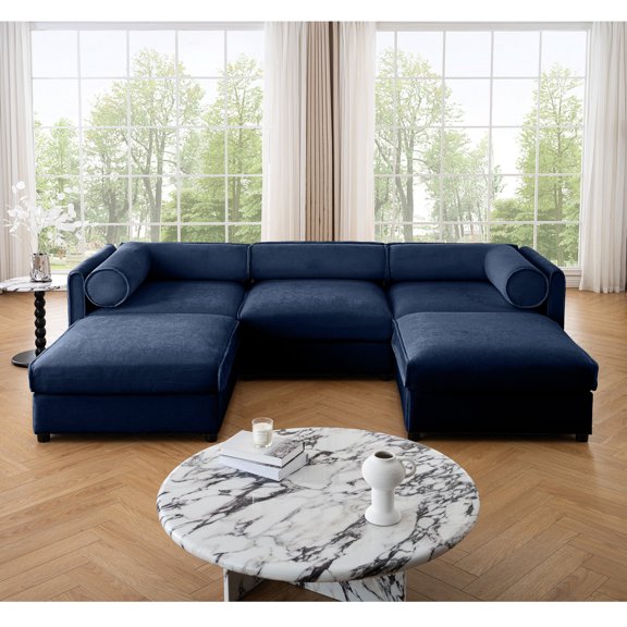 Blue U - Shaped Chenille Sofa with Modular Design | For Different Layouts, Suits Various Needs