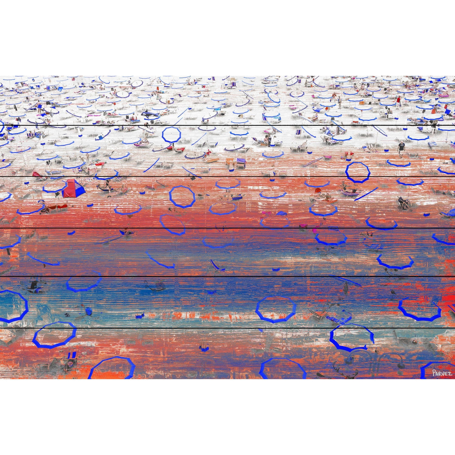 "Blue Umbrella Rings" Painting Print on White Wood