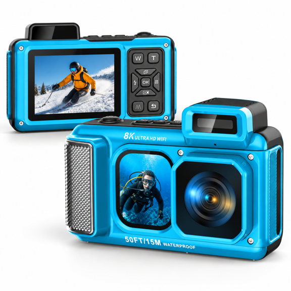 Blue Underwater Camera with 8K Video, 90MP Photos, 50ft Waterproof Rating, Touch Screen