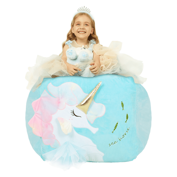 Blue Unicorn Bean Bag Chair for Girls Room Decorations, Toy Organizers and Storage, Gifts for Girl, Large Size 22 x 24 Inch (STUFFING NOT INCLUDED)