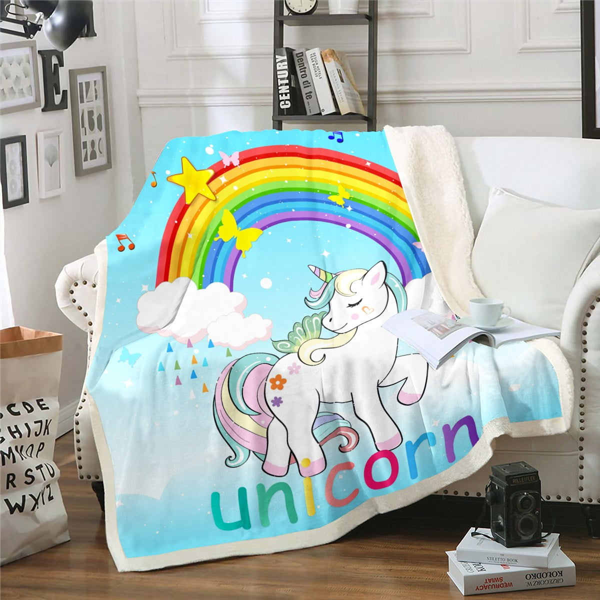 Blue Unicorn Fleece Fuzzy Blanket Twin Size for Girls Cute Unicorn Kids
