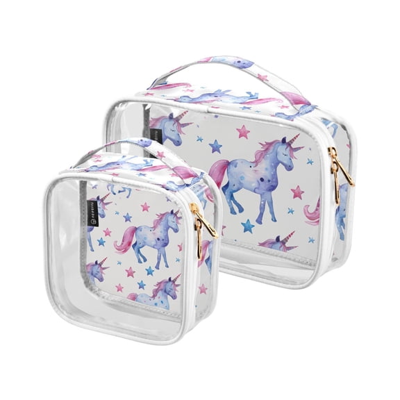 Blue Unicorns Stars Clear Cosmetic Bags with Handles PVC Toiletry Bags Zipper Waterproof Portable for Traveling 2 Pcs