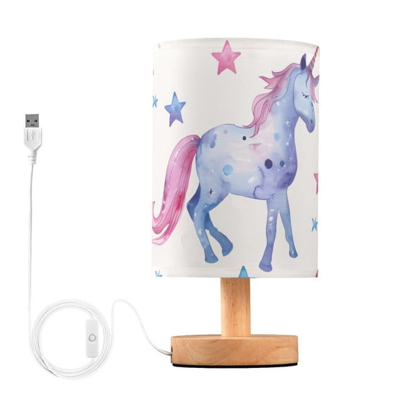 Blue Unicorns Stars Table Lamp USB Bedside Desk Nightstand Lamp Printed Gifts Small Lamp Wood Base for Bedroom Living Room Kids Room College Dorm
