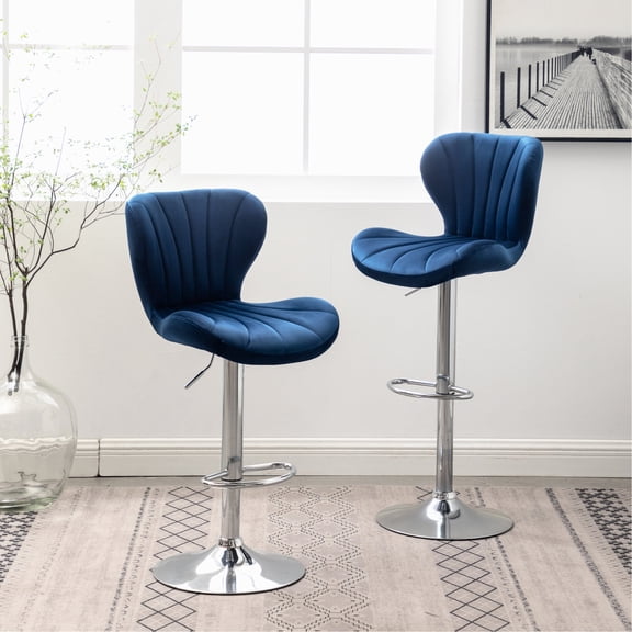 Blue Upholstered Barstools Set of 2 with Wavy Silhouette for Chic Cocktail Bars