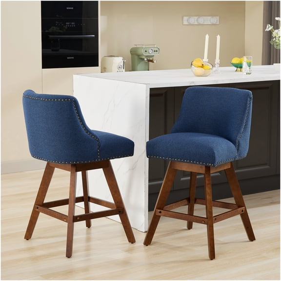 Blue Upholstered Swivel Bar Stools Set of 2, 26" Counter Height Fabric Barstools with 360 Rotation
