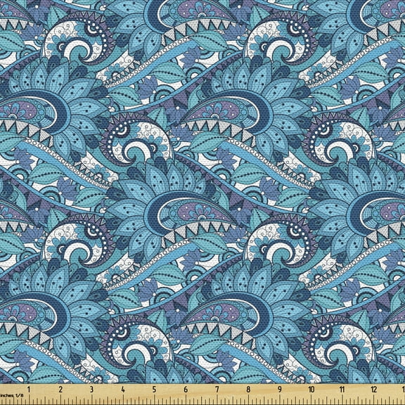 Ambesonne Blue Fabric by the Yard Upholstery, Boho Bouquet Ornate Swirls, 10 Yards, Blue Mauve and White