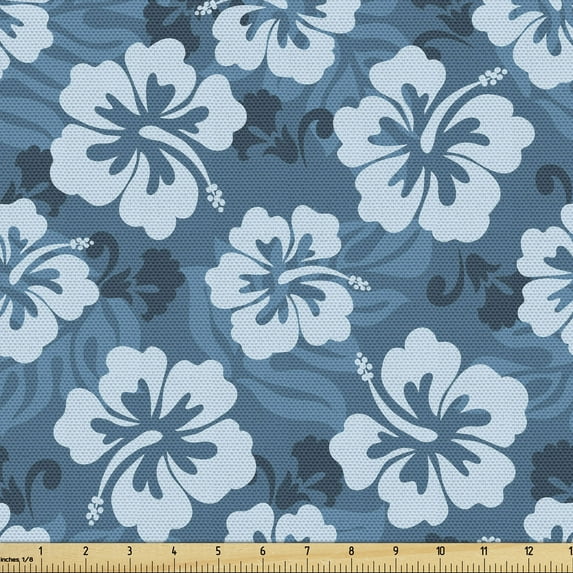 Ambesonne Blue Fabric by the Yard Upholstery, Exotic Hawaiian Hibiscus, 1 Yard, Petrol Blue Pale Blue