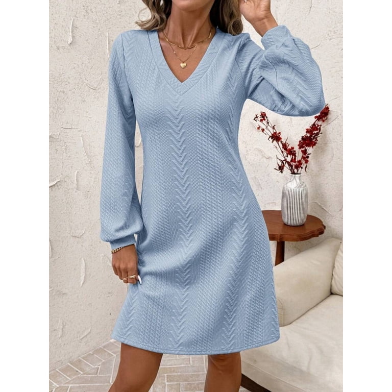 cable knit v neck sweater dress Blue V-Neck Long Sleeve Textured A-Line Mini For Women Web Collection: Over 194