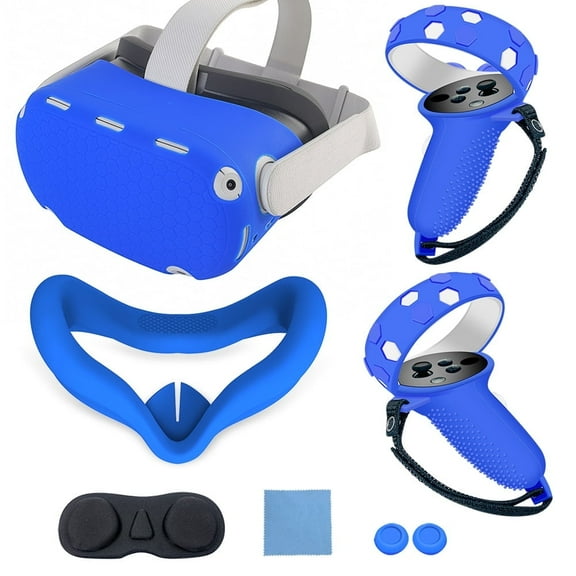 Blue VR Cover Accessories Set Compatible with Meta Quest 2, Silicone VR Shell, Controller Grips & Face Cover, Button Caps, Lens Cover + Glasses Cloth Set for Quest 2 (for Meta Quest 2)