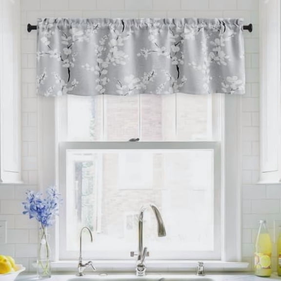 Blue Valance Curtain, Blossom Blackout Window Valance Thermal Insulated Rod Pocket Floral Valance Curtains, 50'' Wx18'' L, Grey and White, 1 Panel