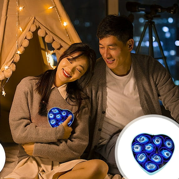 Blue Valentine's Day Gift Set - 9-Piece Heart-Shaped Soap Roses in Decorative Iron Box, Scented Artificial Flower Bath Set for Women, Mom, Wife for Anniversary, Mother's Day