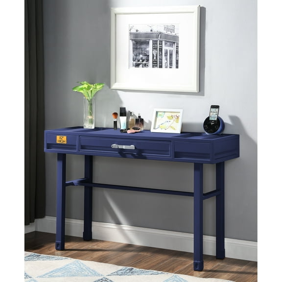 Blue Vanity Desk With Metal - Functional Storage, Clean Lines For Modern Look Cargo Table Build Frame, Iron Plate Top, Daily Use