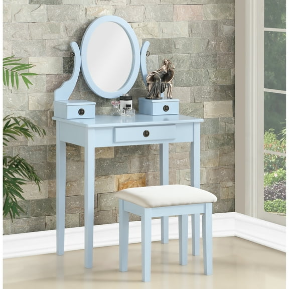 Blue Vanity Table And Stool - 3 Storage Compartments, Adjustable Mirror, Wooden Wood Amusing With Drawers Mirror