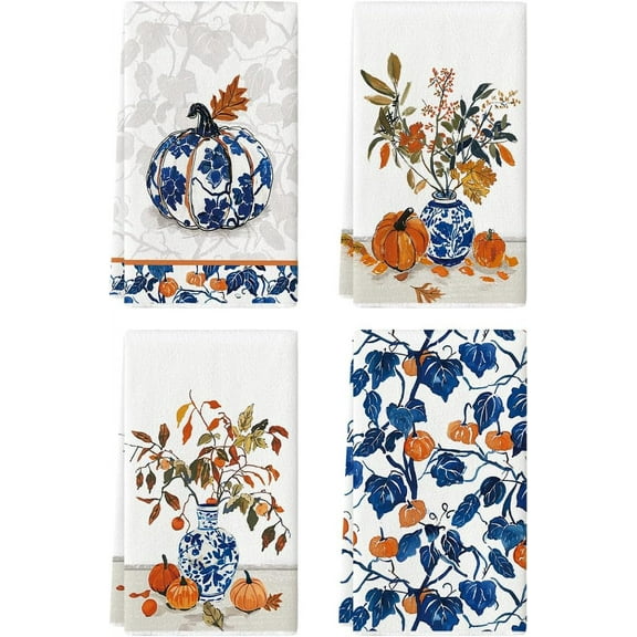 Blue Vase Pumpkin Fall Kitchen Towels Dish Towels, 18x26 Inch Autumn Floral Leaves Decoration Hand Towels Set of 4
