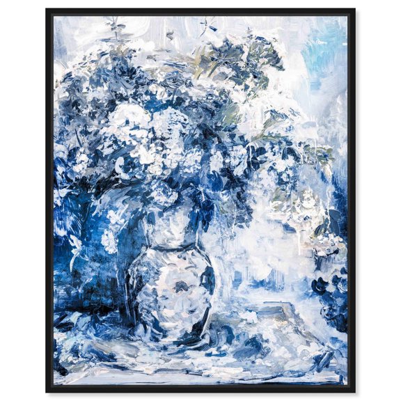 Blue Vase of Flowers in Spring Canvas Romantic Floral Wall Art by Art Remedy, Black Frame, 16" x 20"