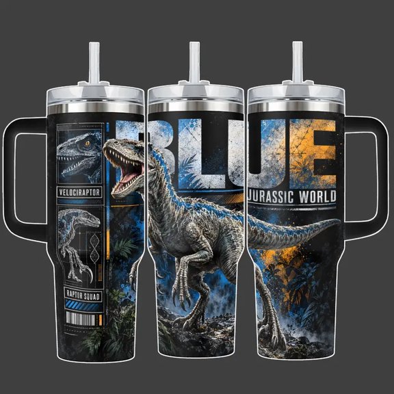 Blue Velociraptor Jurassic World Raptor Squad 20oz 40oz Tumbler with Handle and Straw, Insulated Stainless Steel Travel Mug, Reusable Drinkware for Coffee, Water and Daily Use