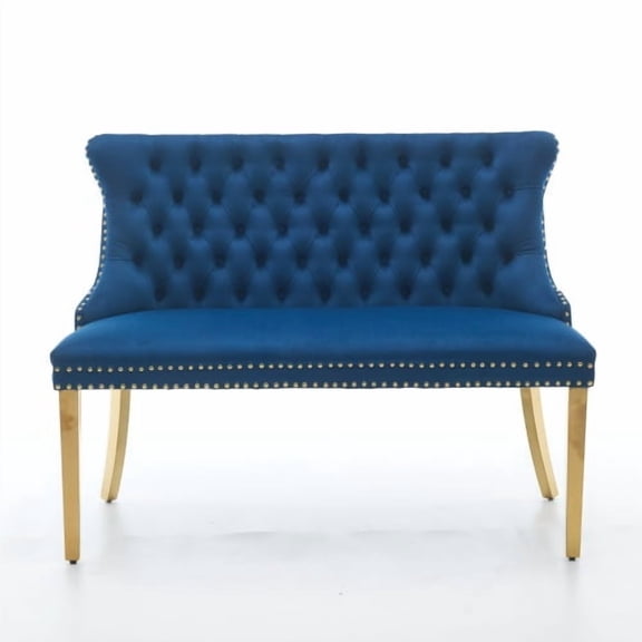 Blue Velvet 2-Seat Wing Back Dining Bench, Mid Century Modern Tufted Loveseat Bench with Gold-Plated Steel Legs-Blue + Velvet + Foam