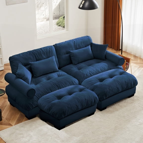 Blue Velvet 2-Seater Sofa Offering Cloud-Like Comfort, Round Bolster Armrests and Extra Pillows