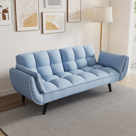 Blue Velvet 57" For Bedroom. Convertible To Comfortable Bed. Adjustable Back. Easy Put Together. Solid Wood Frame. Sponge Filling. 300lb Weight Limit. 2 Seater Apartment Can Be Converted Postures.