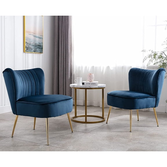 Blue Velvet Accent Chairs Set of 2 with Golden Legs Upholstered Side Chairs Mid-Century Modern Slipper Chairs for Guest Room Comfy Armless Wingback Corner Single Sofa Living Room Chairs
