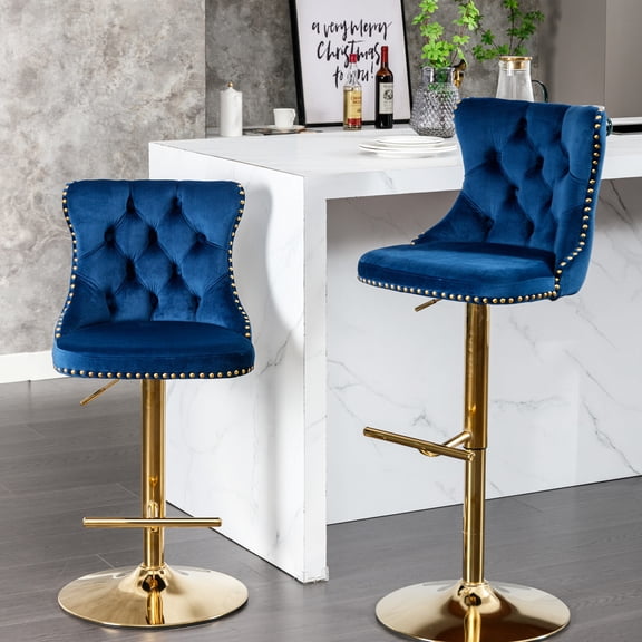 Blue Velvet Bar Stools, Of 2 - Adjustable Seat 25 33 Inch, Modern With Back For Pub Home And Kitchen Inch Velvet, Comfortable Island