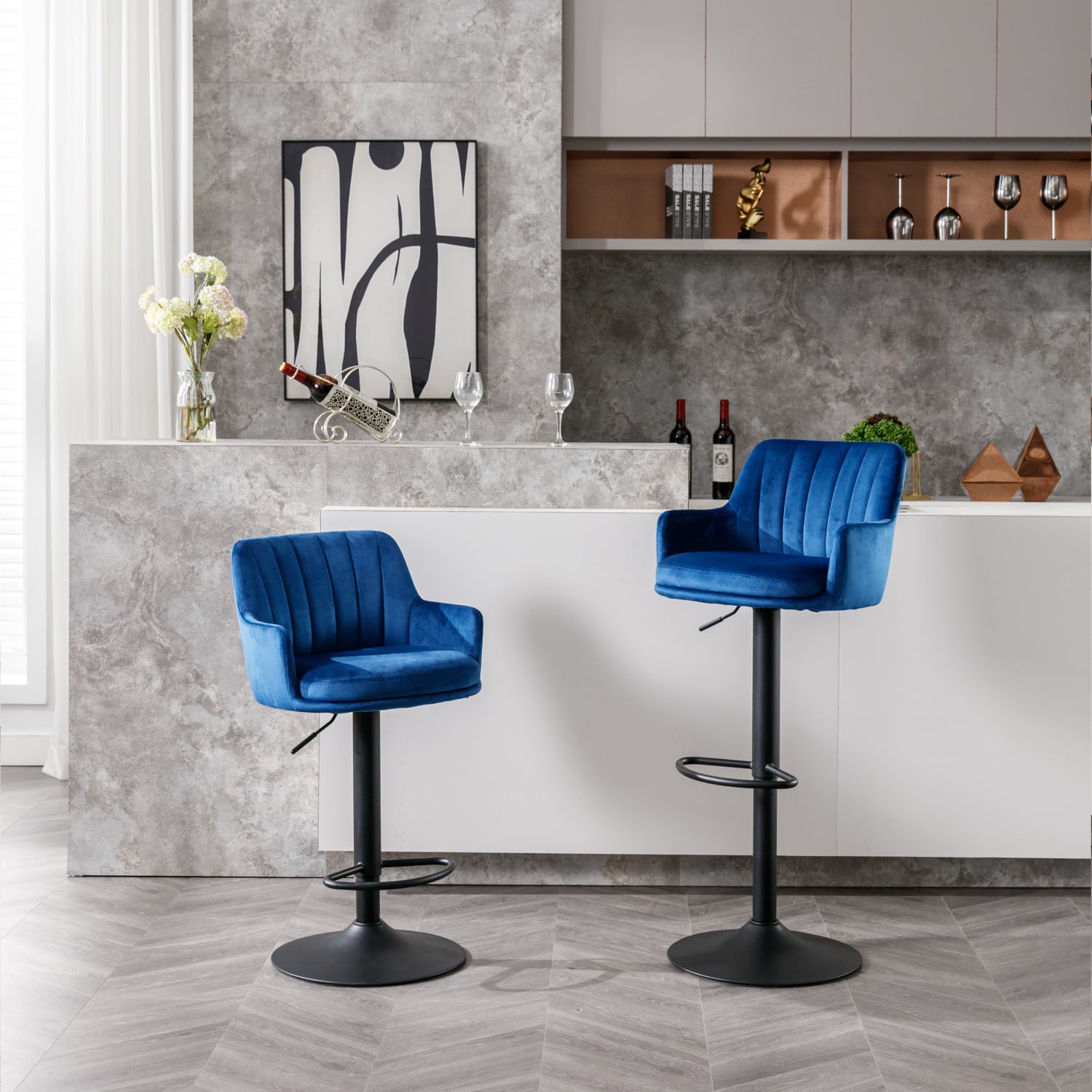 Blue Velvet Bar Stools Set of 2 Modern Adjustable Height Barstools