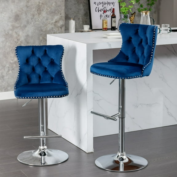 Set of 2 Blue Velvet Bar Stools with Swivel and Adjustable Height, Tufted Back Kitchen Counter Stools on Chrome Base