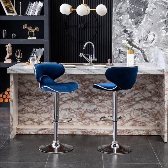 Blue Velvet Barstools | Gas - Lift Height Adjustment and Swivel Seat for Entertainment Areas | Chrome Disk Base with Footrest | Fixes Uncomfortable Seating Positions