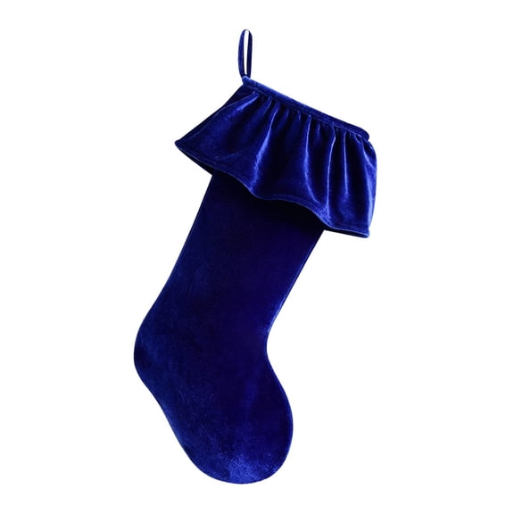 Blue Velvet Christmas Stocking with Ruffled Cuff, 18.9 in Hanging Fireplace Mantel Decor