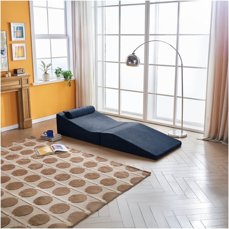 Blue Velvet Convertible Sofa Bed, Foldable Floor Lounger with Removable Pillow, High-Density Foam Multi-Functional Chair for Living Room, Bedroom, No Assembly Required