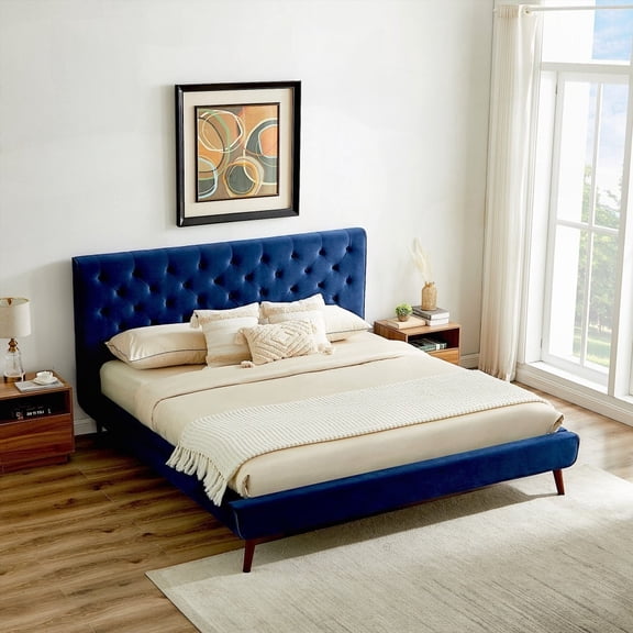 Blue Velvet Dillon Queen-Size Platform Bed Featuring Tapered Legs and Slat System