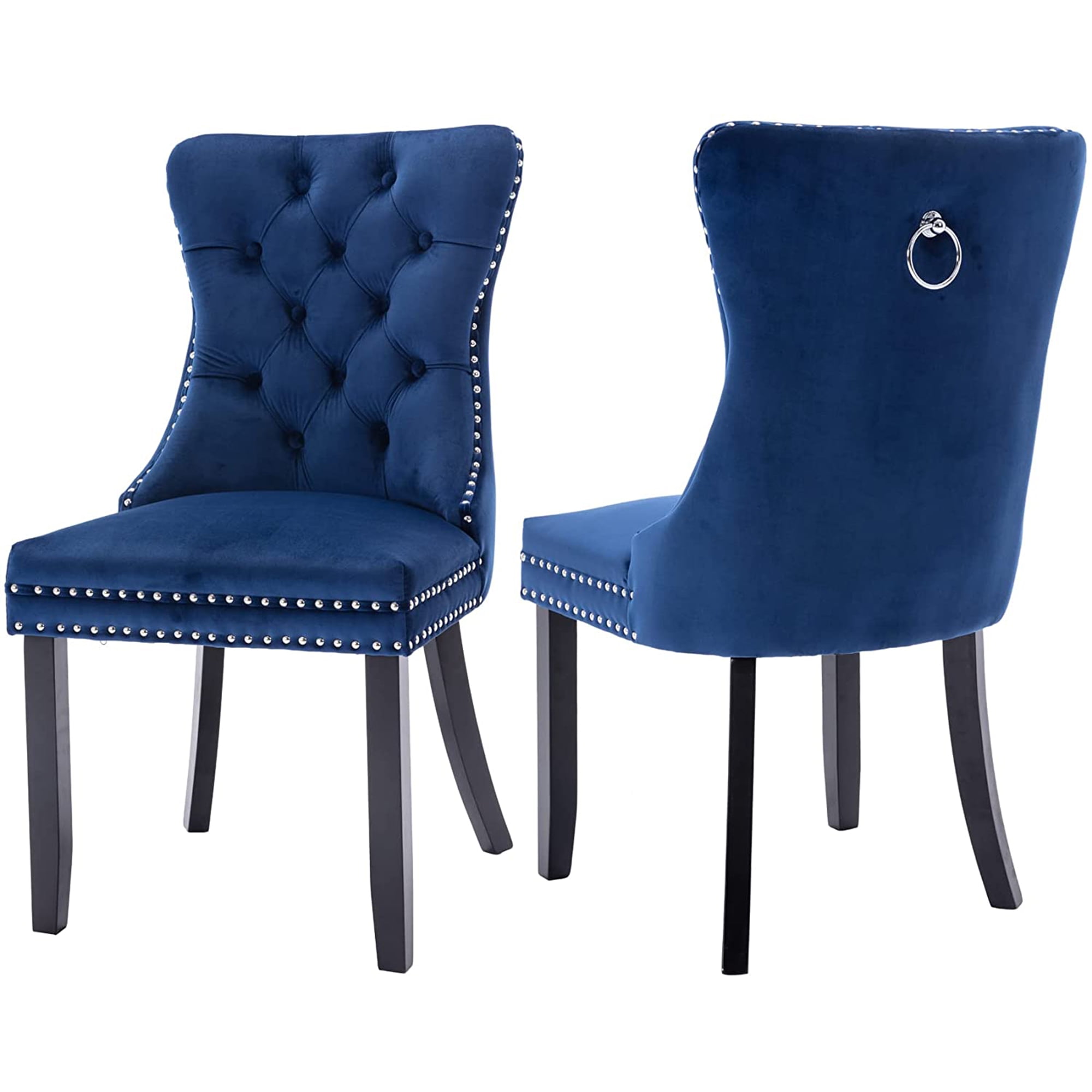 Blue Velvet Upholstered Dining Chairs with Wood Legs, Set of 2