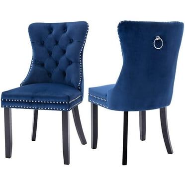 Blue Velvet Dining Chairs, 2-Pcs High-end Upholstered Button Tufted Dining Chair Set, Modern Padded Accent Chairs with Solid Wood Legs and Nailhead Trim, Home Kitchen Armless Dining Chairs Set
