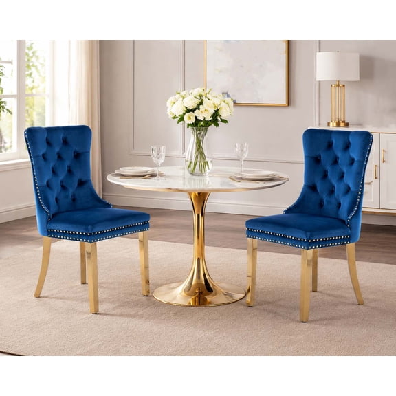 Sjoy Home Blue Velvet Dining Chairs Set of 2, Tufted Upholstered Side Chairs with Gold Metal Legs
