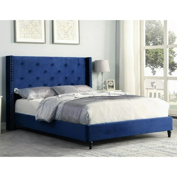 Blue Velvet Full Size Bed, Tufted Wingback Headboard, Nailhead Accent Upholstered Bed Frame