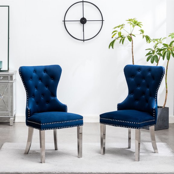 Blue Velvet Material | Bedroom or Office Seating | Decorative Ring Back Chairs