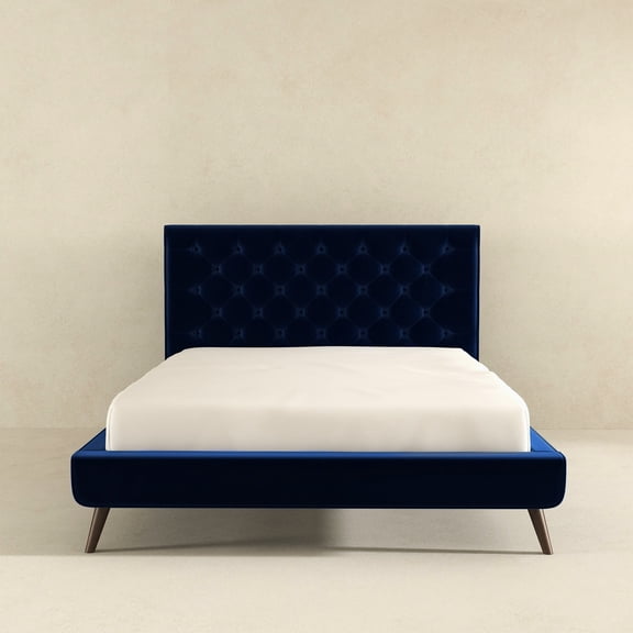 Blue Velvet Platform Bed (queen) - . Graceful Button- Headboard. Solid Wood Frame With Robustness. High Foam For Relaxing. Slat System Firm Support. No Box Spring Needed. Mid-century Modern Bedroom