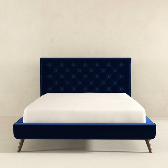 Blue Velvet Platform Bed (queen) - . Timeless Button- Design. Solid Wood Construction For Stability. High Foam Head Comfort. Slat System. No Box Spring Needed. Mid-century Modern Bedroom Piece.