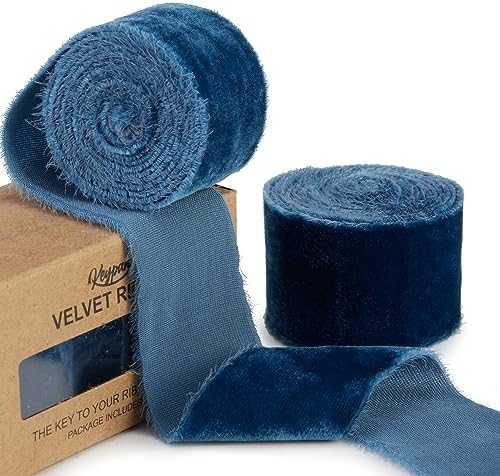 Blue Velvet Ribbon for Gift Wrapping - 1 1/2 inch Wide Handmade Fringe ...