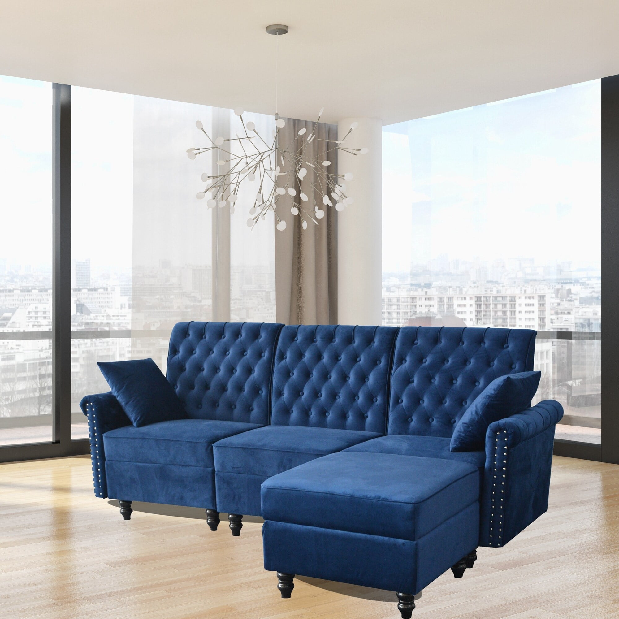 Blue Velvet Sectional Sofa with Ottoman, Storage