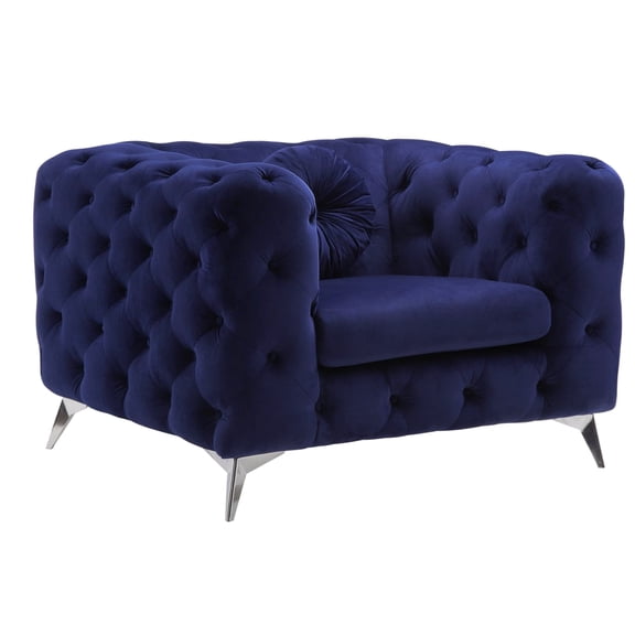 Blue Velvet Sitting Chair , Graceful Diamond Tufting, Framework, Supportive Seat Pad Armchair Classic Button Design, Base, Comfortable Foam