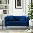 thumbnail image 1 of Blue Velvet Sofa with Jeweled Buttons, Square Arm Design, Includes 2 Pillows, 59.4 Inch Wide for Living Room Comfort, 1 of 9