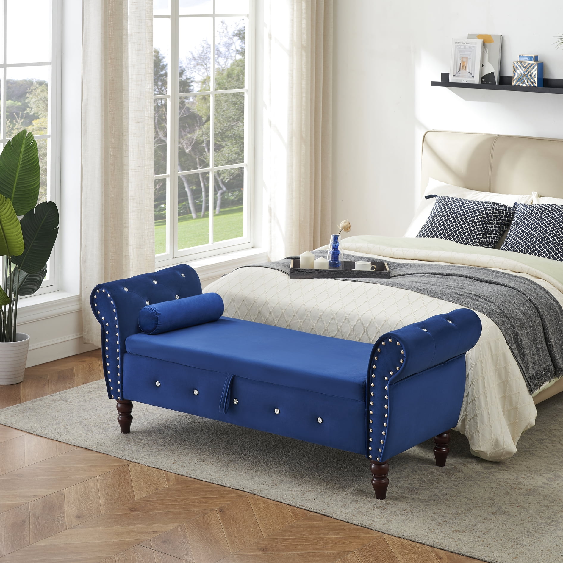 Blue Velvet Storage Bench With Solid Wood Legs & Crystal Button, For ...
