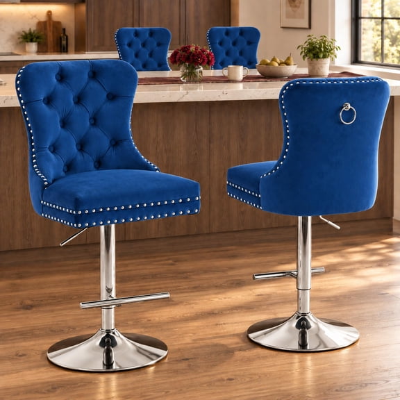 Blue Velvet Swivel Bar Stools Set of 4 with Upholstered Back, Adjustable Counter Height Barstools, Modern Bar Chairs for Home Kitchen Island Pub Restaurant, Silver Base (Velvet, 4 Pcs, Blue)