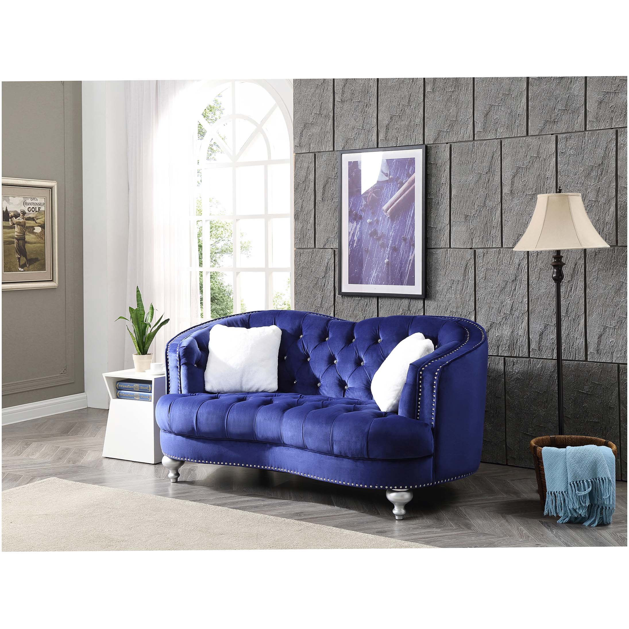 Blue Velvet Traditional Loveseat Sofa for Two, Cozy Upholstered Bench Couch with Recessed Arms