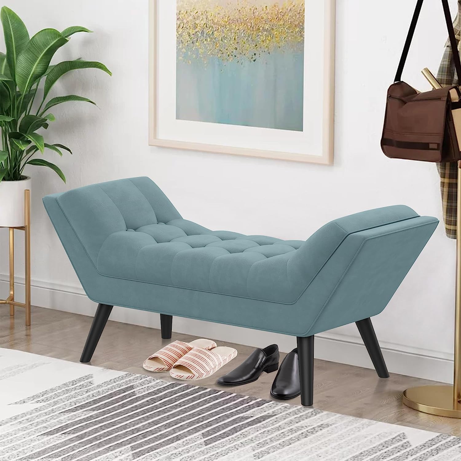 Blue Velvet Tufted Ottoman Bed Bench for Bedroom End of Bed Bench