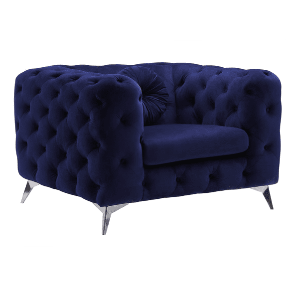 Blue Velvet Upholstered Accent Chair with Diamond Tufting and Metal Legs