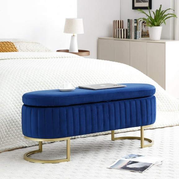 Blue Velvet Upholstered Storage Bench With Golden Legs For A Cozy Bedroom And Living Room Essential: Practical